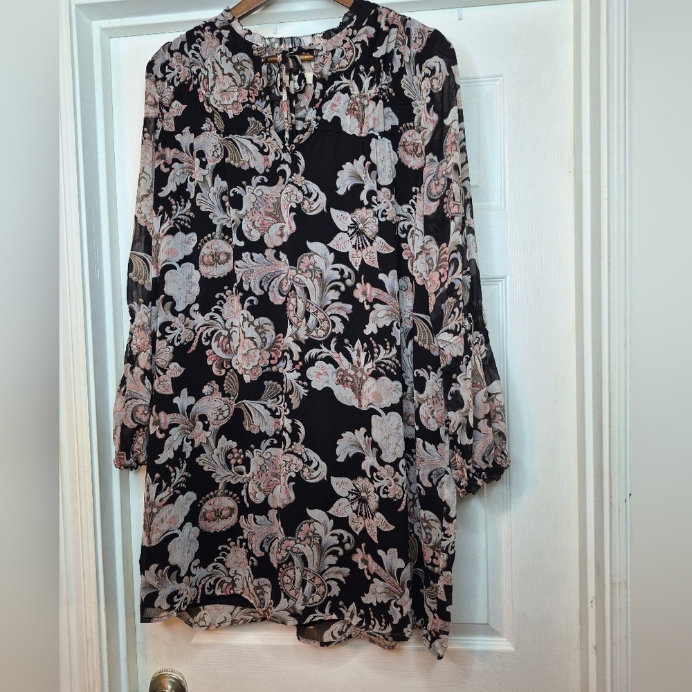 LOFT Black and Pink Floral A-Line Dress Size M